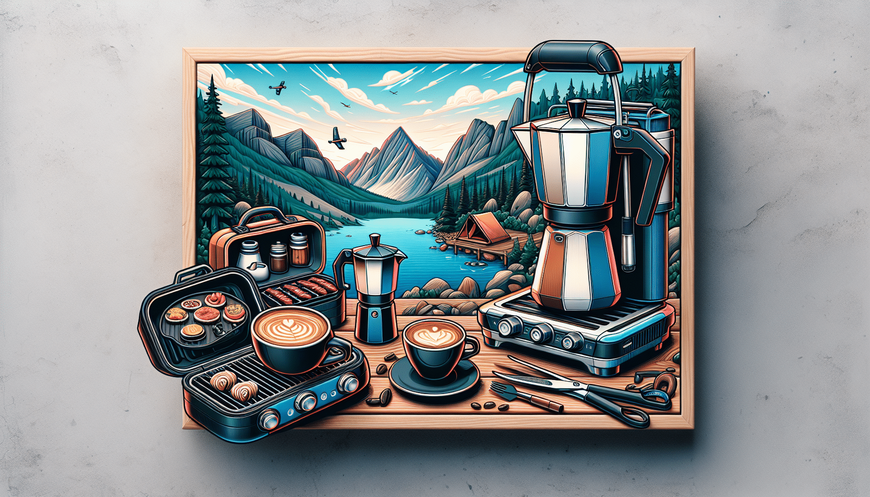 compact and portable espresso machine and mini barbecue, the perfect gear for adventure enthusiasts. enjoy great coffee and delicious grilled food while on the go.